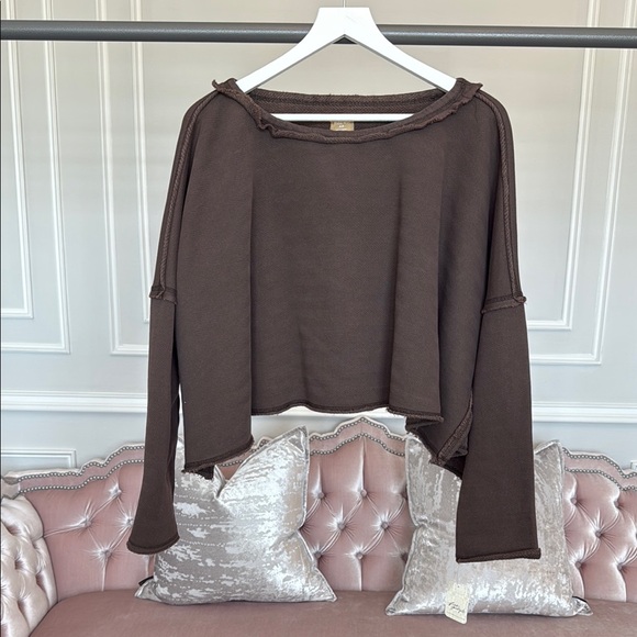 NWT FREE PEOPLE New Haven Pullover Brown Distressed Sweatshirt SIZE M - Picture 5 of 12